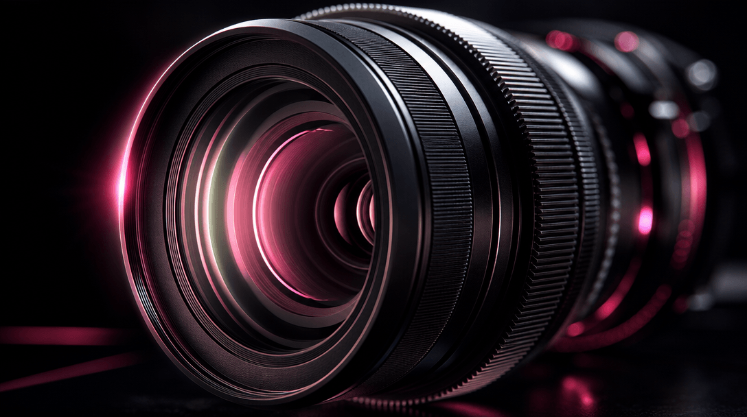 Macro commercial scene of a precision camera lens surrounded by narrow points of light that subtly draw attention to its
