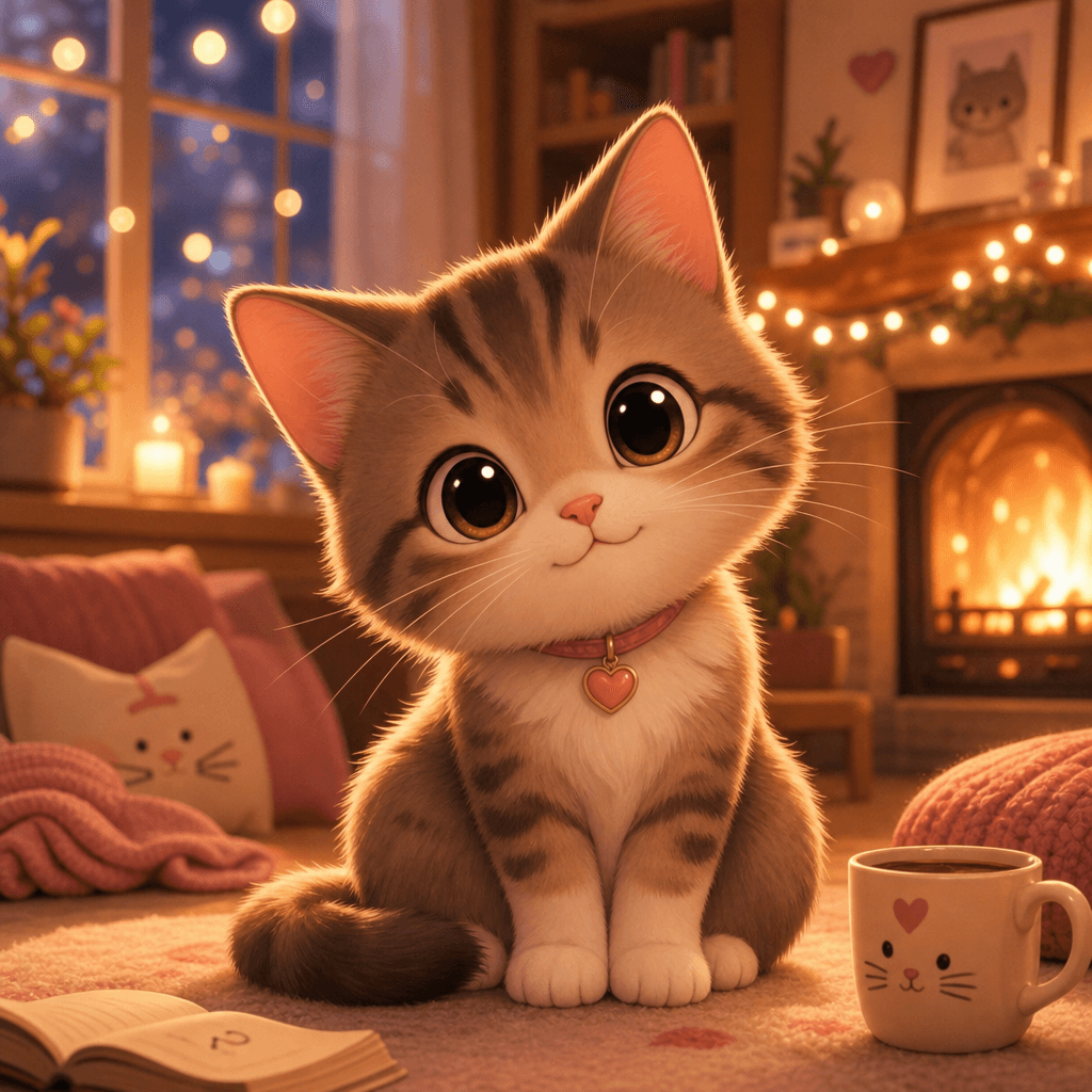 Cute cartoon cat sitting in cozy warm-lit indoor room with bokeh light effects in background, gentle animation style, so