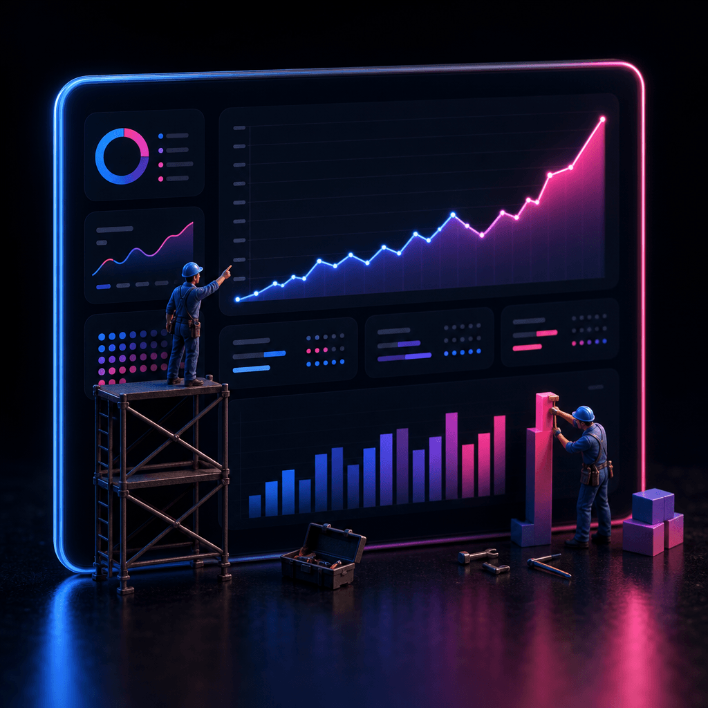 Square-format studio product shot. A SaaS analytics dashboard screenshot embedded in a glowing dark panel. Miniature wor