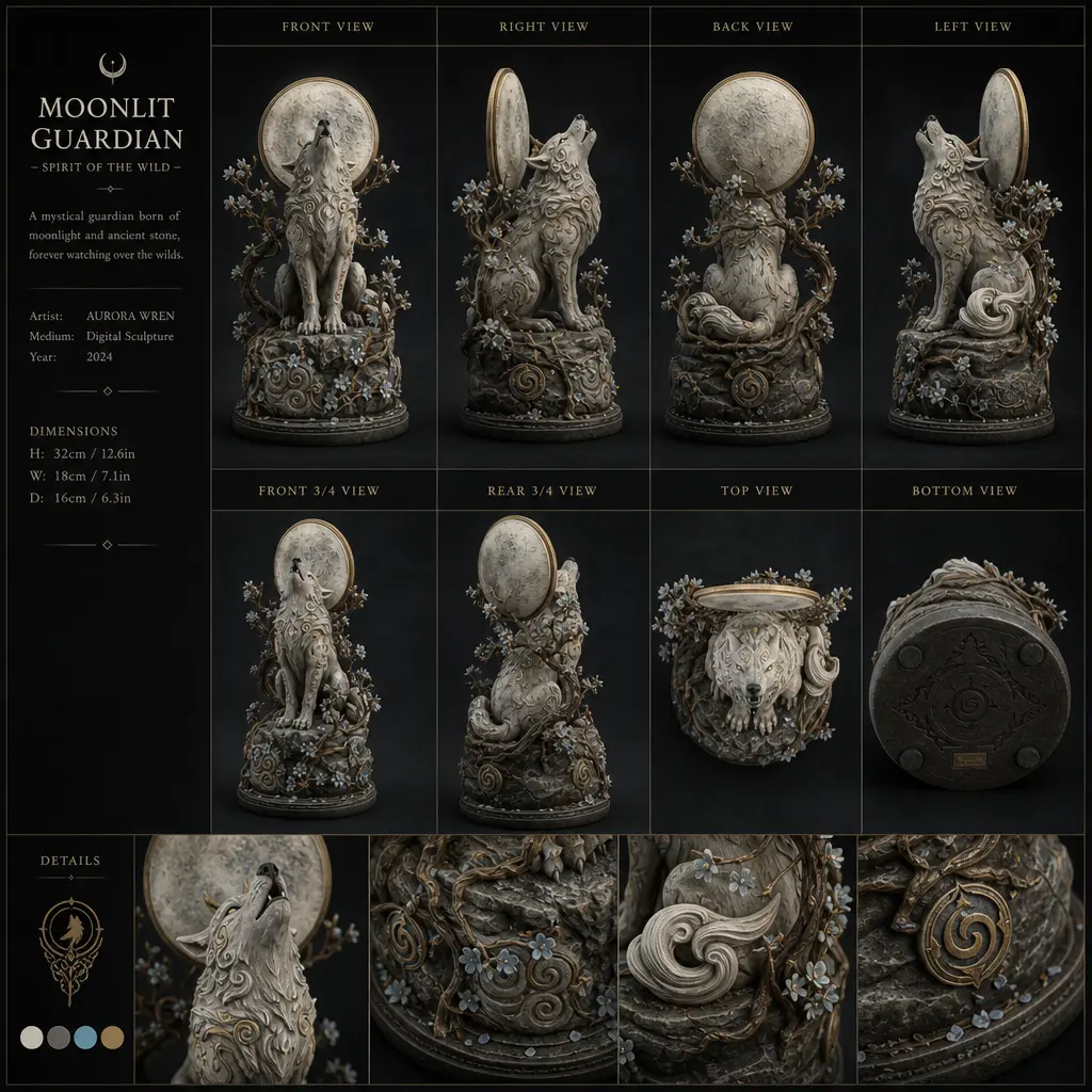A completed multiview sheet featuring an artwork or illustration displayed from multiple angles and perspectives in a cl