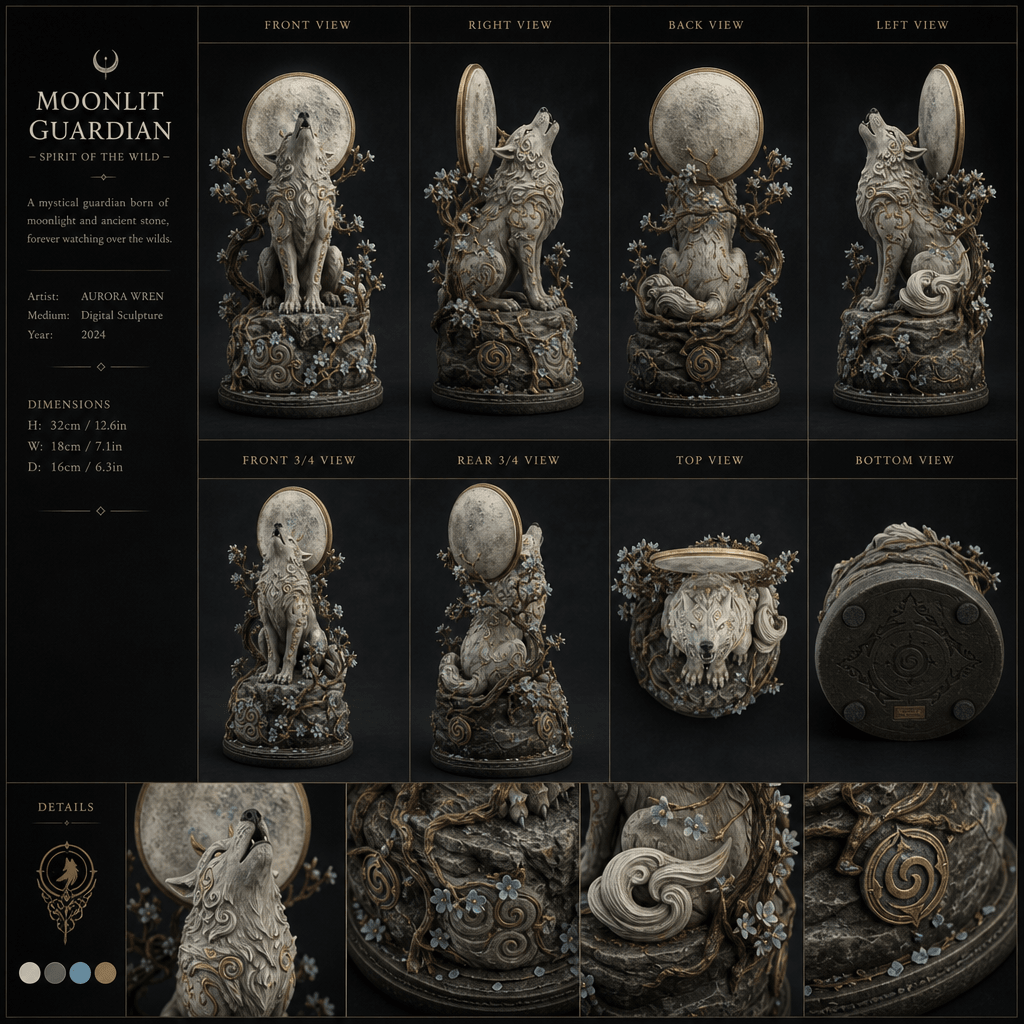 A completed multiview sheet featuring an artwork or illustration displayed from multiple angles and perspectives in a cl