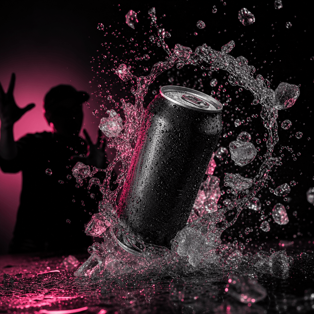 A premium canned beverage exploding through a ring of water droplets and crushed ice, anonymous creator silhouette react