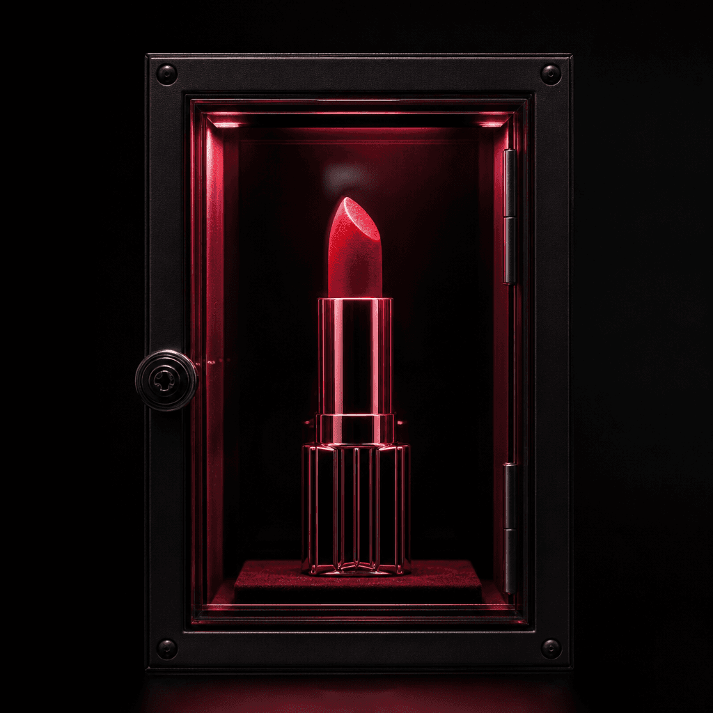 A sculptural red lipstick standing inside a compact emergency glass case, dark editorial beauty campaign, black metal fr