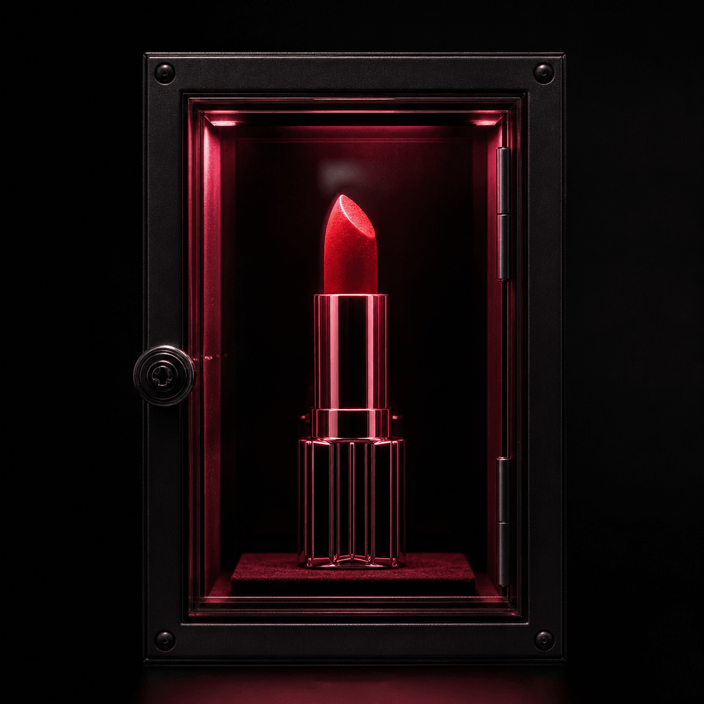 A sculptural red lipstick standing inside a compact emergency glass case, dark editorial beauty campaign, black metal fr