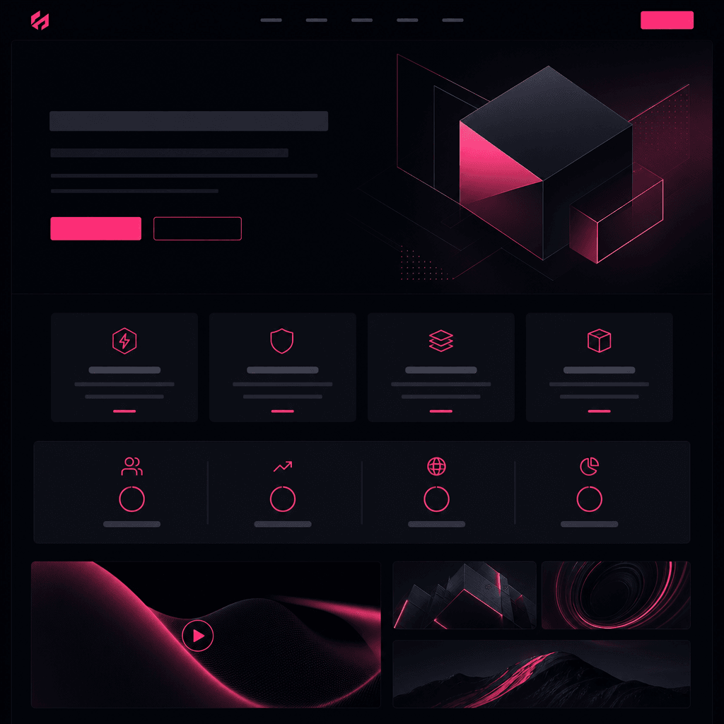 Website homepage design mockup in dark mode with hot pink accent buttons and highlights, clean professional typography,