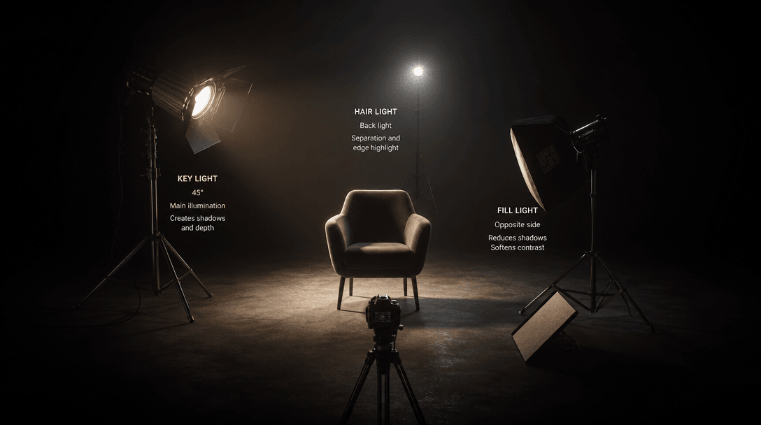 Abstract studio lighting concept: professional cinema lights, dramatic shadows and highlights, key light positioning, da