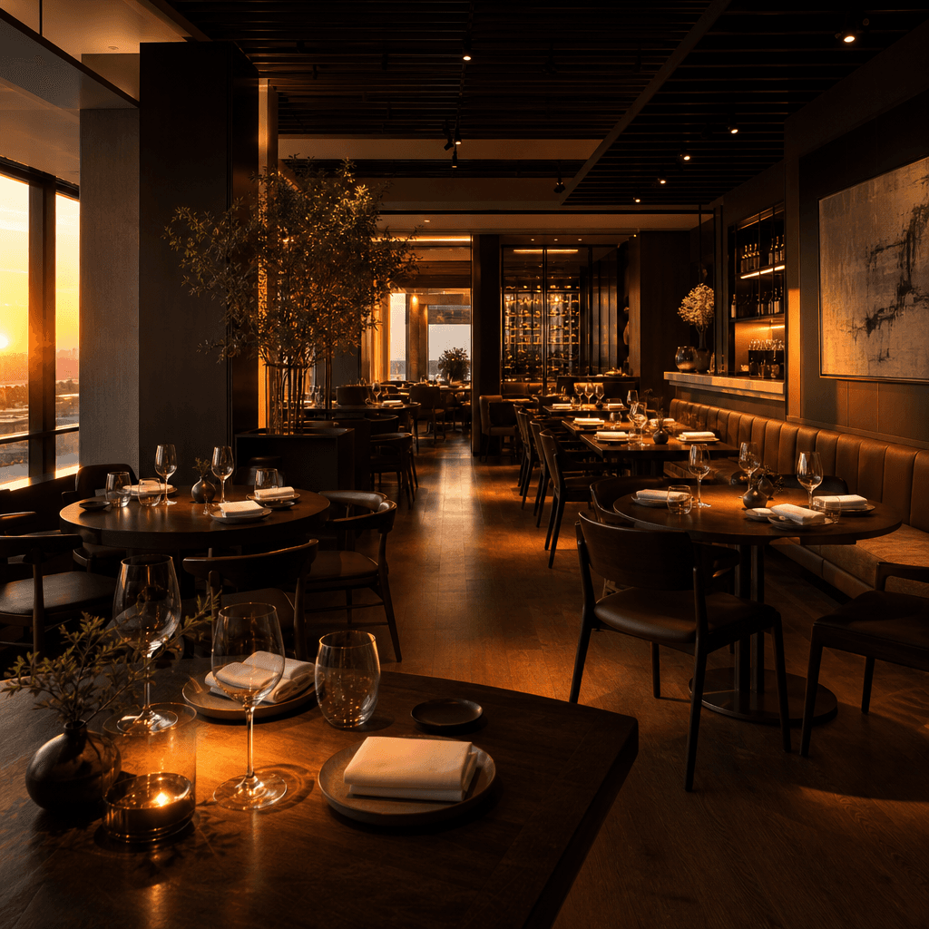 Modern restaurant interior at golden hour — empty dining room, warm spotlights casting pools of amber light on dark wood