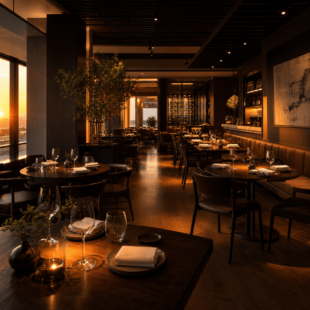 Modern restaurant interior at golden hour — empty dining room, warm spotlights casting pools of amber light on dark wood