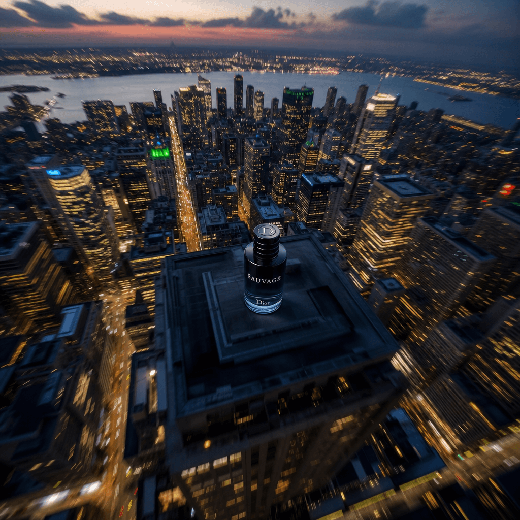Aerial FPV perspective: camera flying from urban landscape skyline down toward a product, motion suggested, distance vis