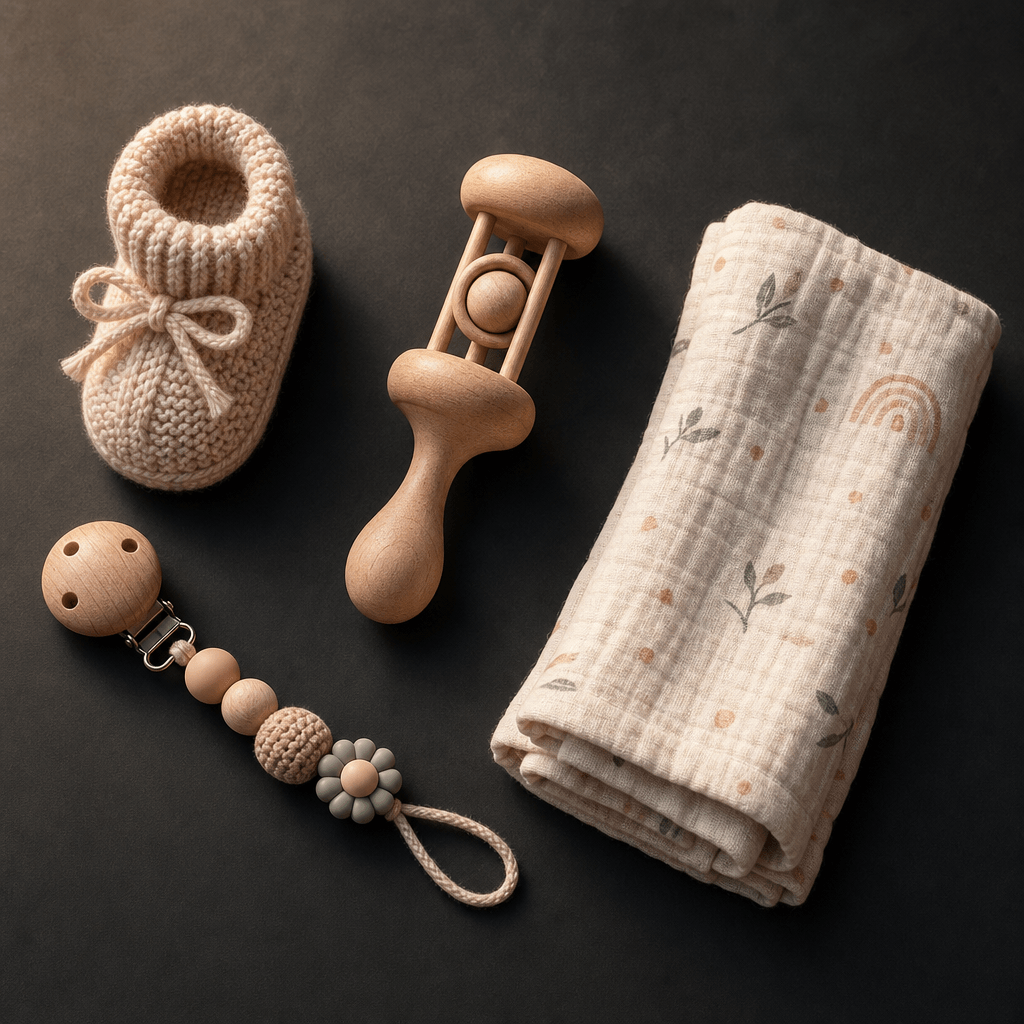 Flat-lay of curated pastel baby essentials — a knit bootie, small wooden rattle, soft pacifier clip, and folded muslin s