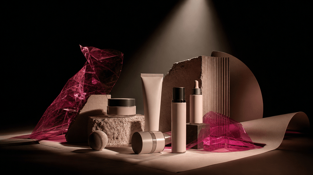 A blank beauty product brief transformed metaphorically into a finished campaign scene: neutral paper, cosmetic packagin