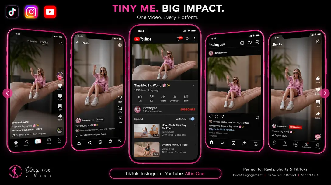 Multiple phone screens displaying the tiny me video in social media formats (TikTok, Instagram, YouTube), hot pink accen