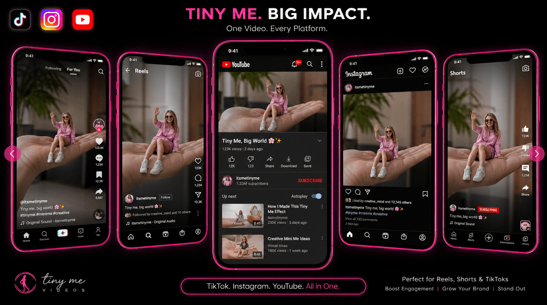 Multiple phone screens displaying the tiny me video in social media formats (TikTok, Instagram, YouTube), hot pink accen