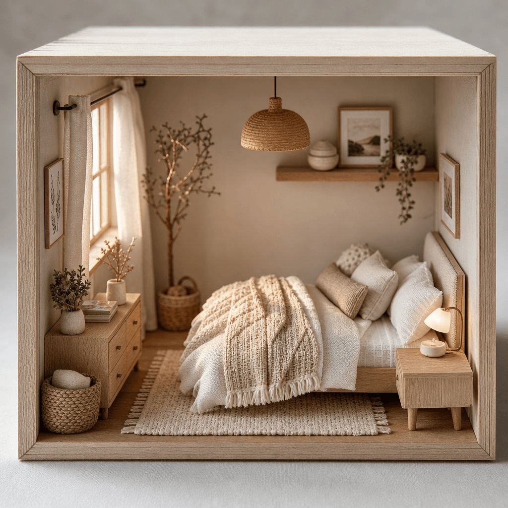Scandinavian bedroom diorama, soft warm natural light from window element, clean minimalist lines, neutral beige and whi