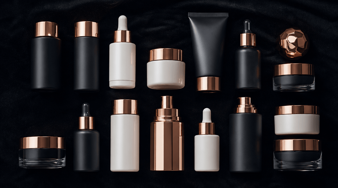 Curated collection of luxury beauty product packaging — skincare bottles in matte obsidian, pearl white, and rose gold —