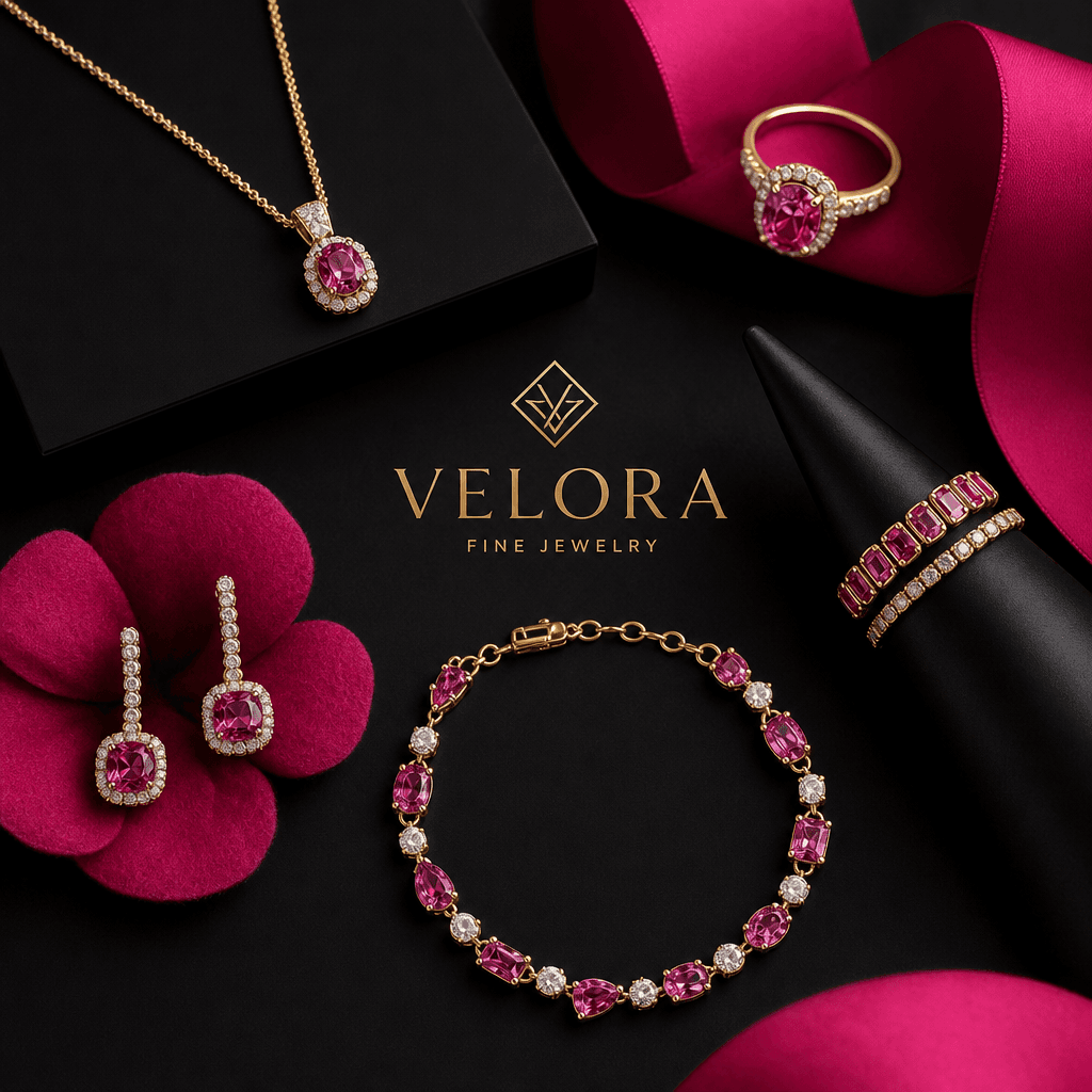 Multiple jewelry pieces arranged artistically, hot pink accents, dark background, premium product photography, luxury br