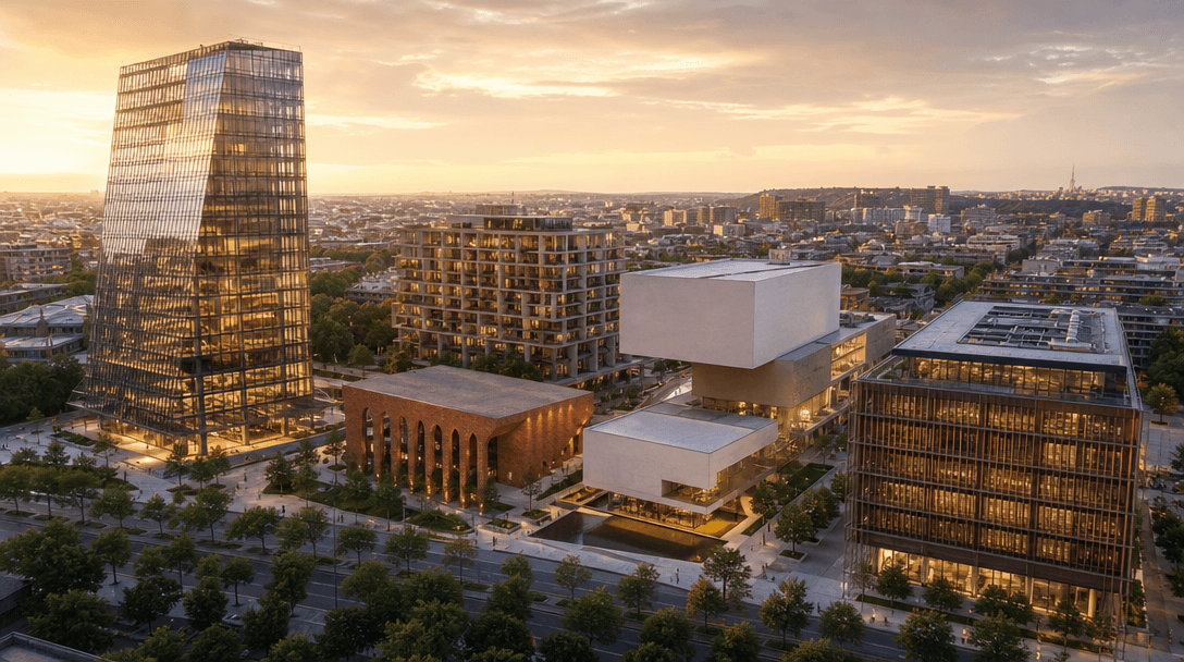 Wide aerial perspective over a dense urban block at golden hour featuring five architecturally distinct buildings — a gl
