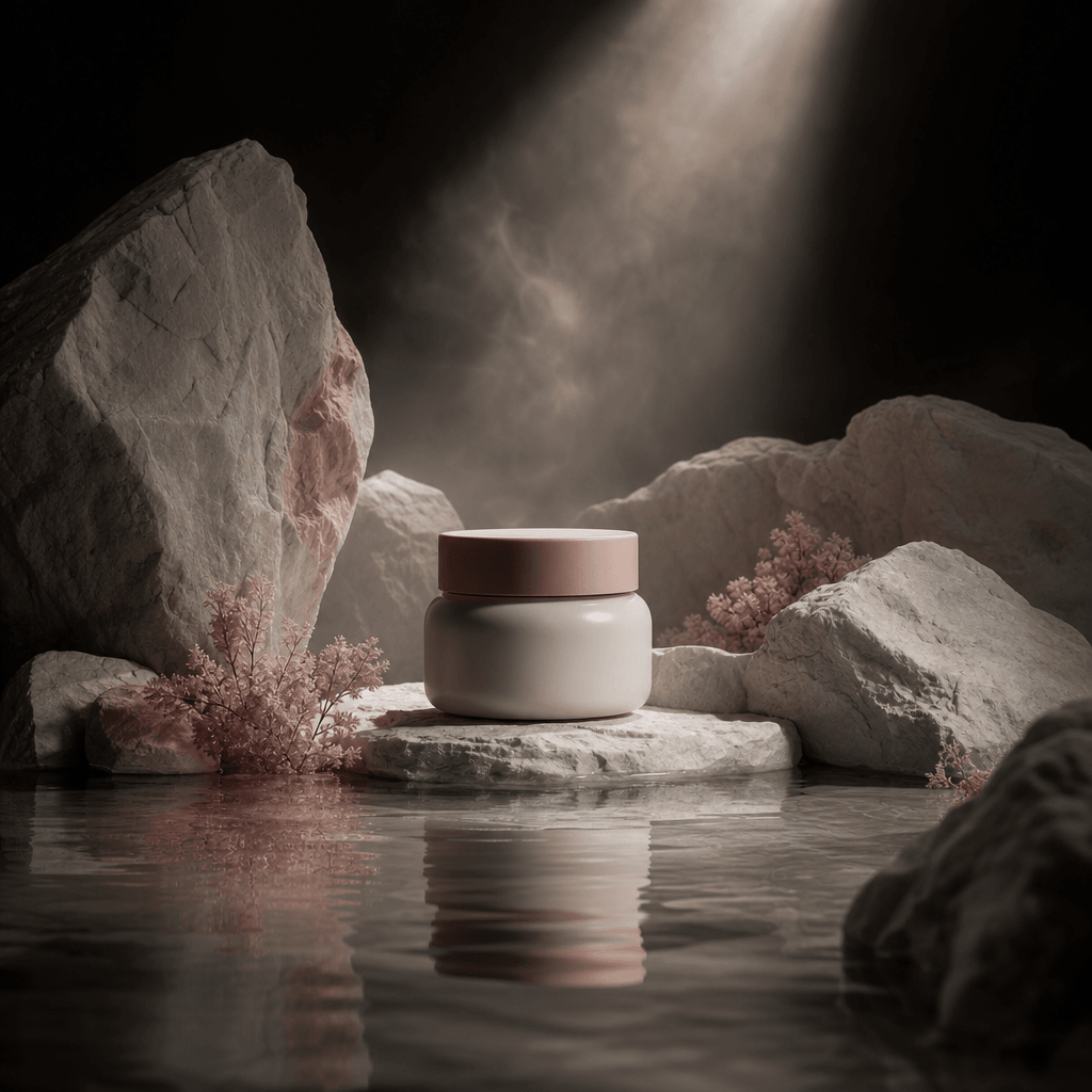 A minimal skincare jar placed among pale mineral rocks and a shallow reflective pool, with soft vapor and a narrow beam