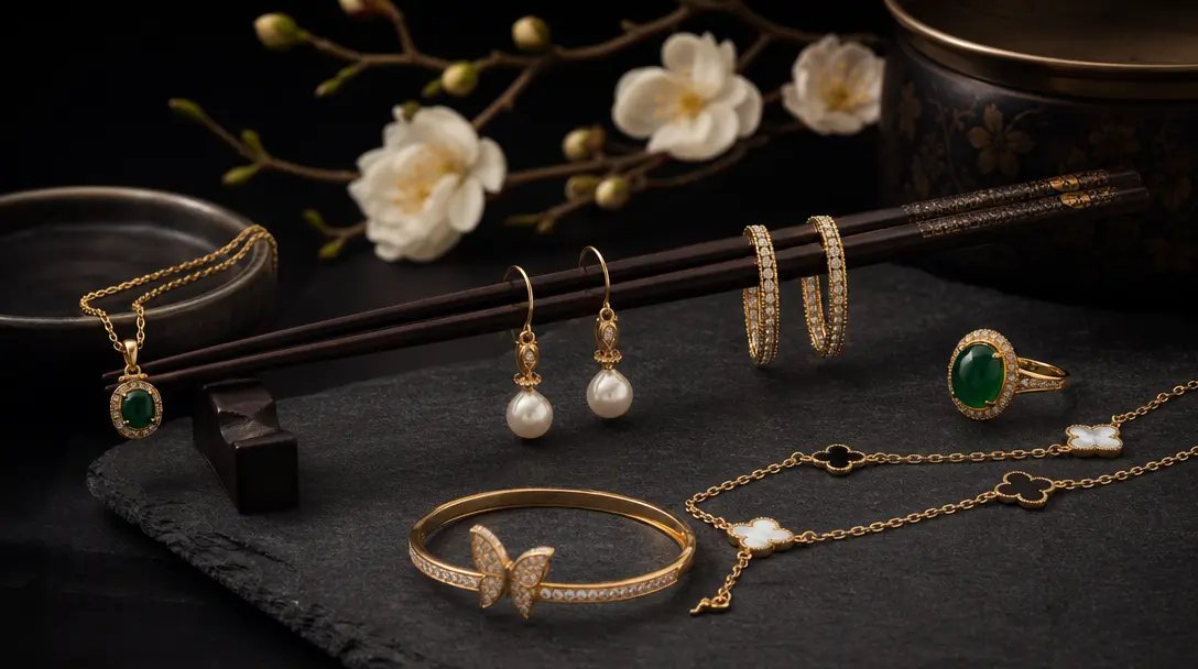 Multiple jewelry pieces with chopsticks in artistic arrangement, sophisticated composition, professional color grading,