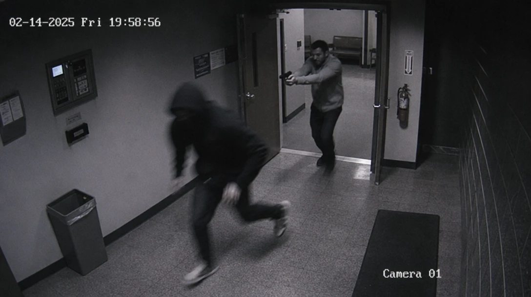 Dramatic unexpected moment captured in grainy CCTV style, dim security lighting with timestamp visible, authentic securi