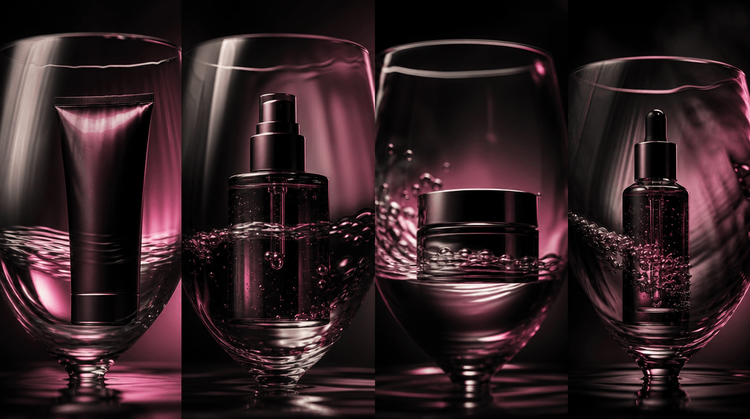 Four coordinated beauty product silhouettes viewed through overlapping wine-glass reflections, each variation shaped by