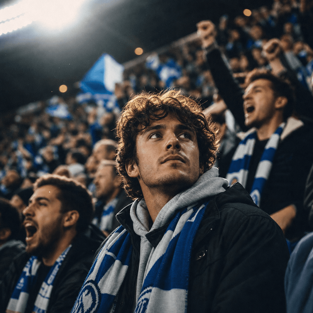 Young man seated in packed stadium tribune surrounded by cheering crowd in blue and white scarves, dramatic overhead flo
