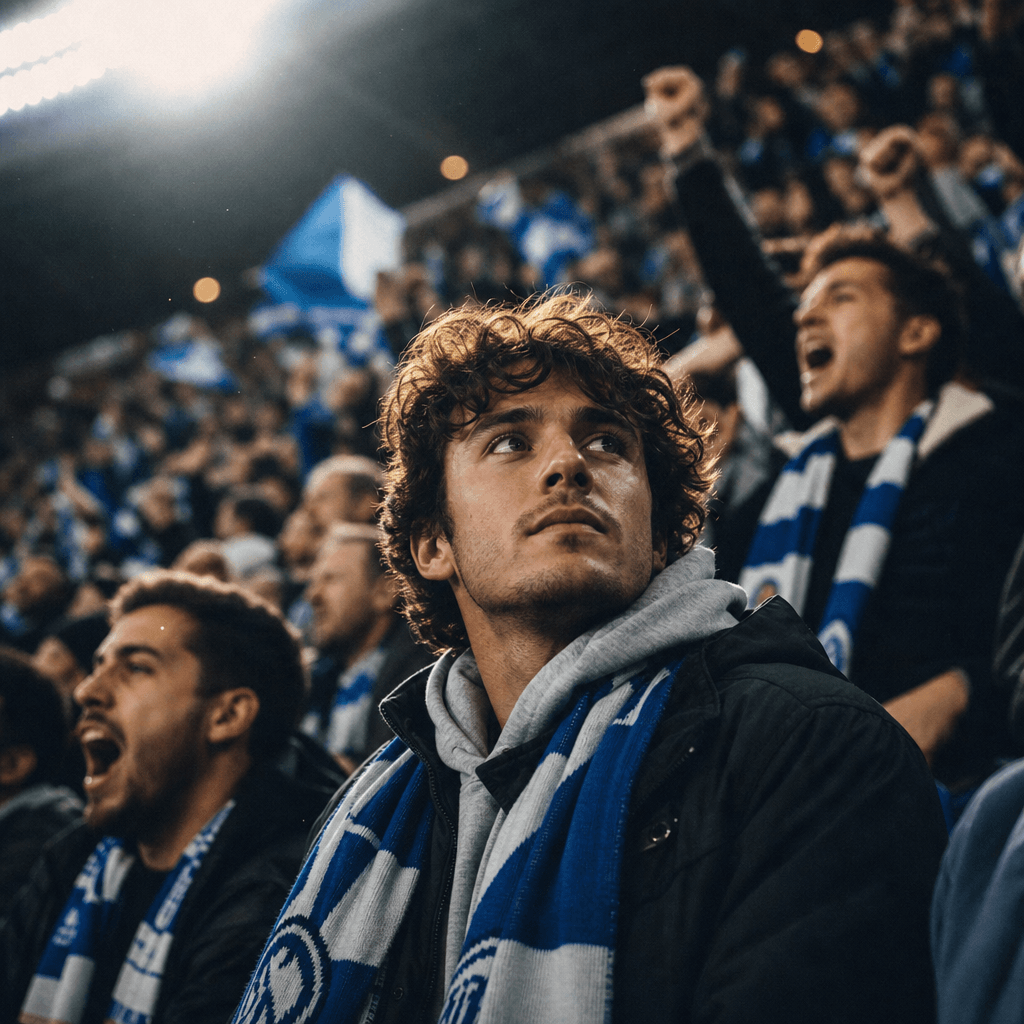 Young man seated in packed stadium tribune surrounded by cheering crowd in blue and white scarves, dramatic overhead flo