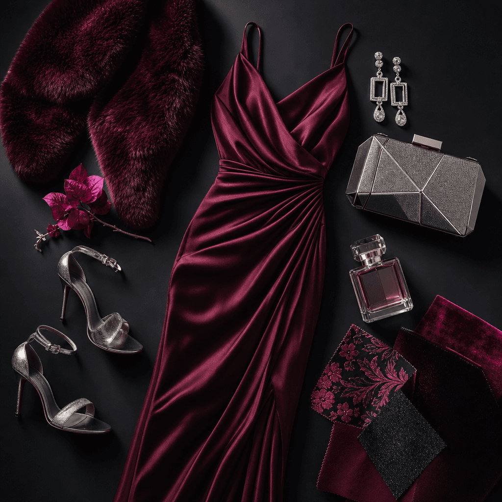 Luxury evening fashion collage with a satin burgundy dress, silver heels, geometric clutch, earrings, perfume bottle, an