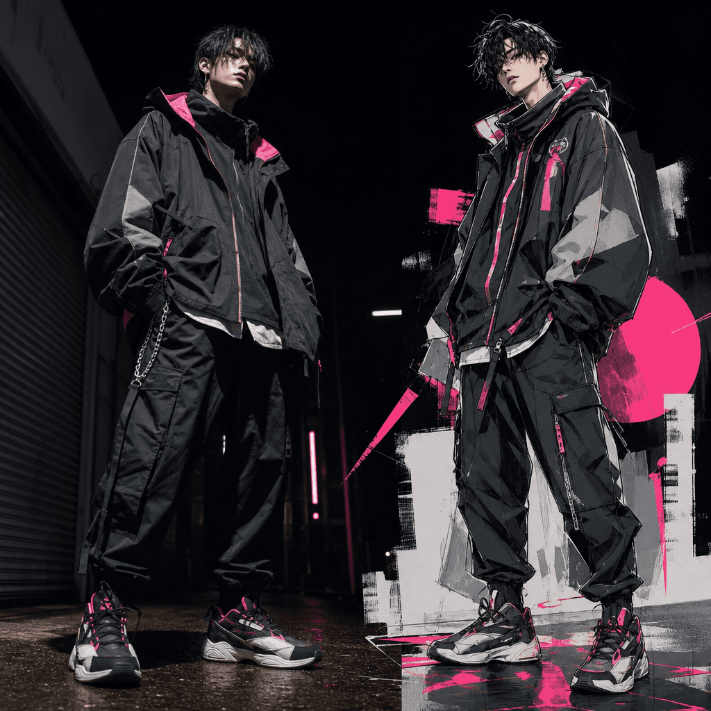 A vibrant streetwear outfit presented beside its illustrated twin, with oversized jacket, layered textures, bold sneaker