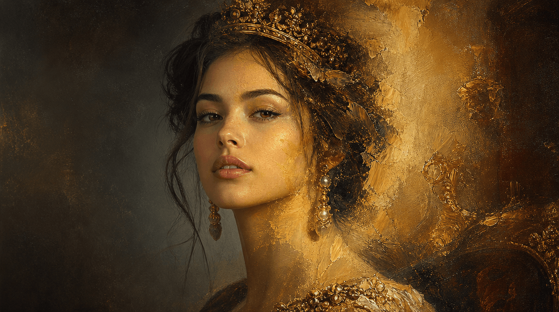 Artistic transformation concept, portrait photo gradually transitioning to classical painting with golden brushstrokes a