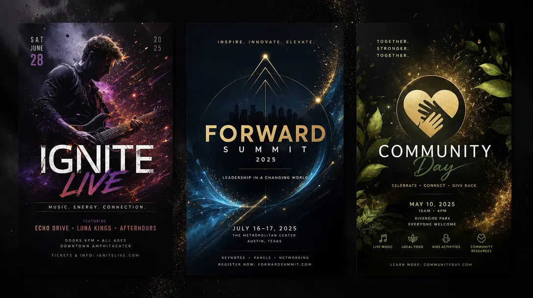 Creative design elements—colors, graphics, backgrounds, decorative elements—appearing and assembling around core event i
