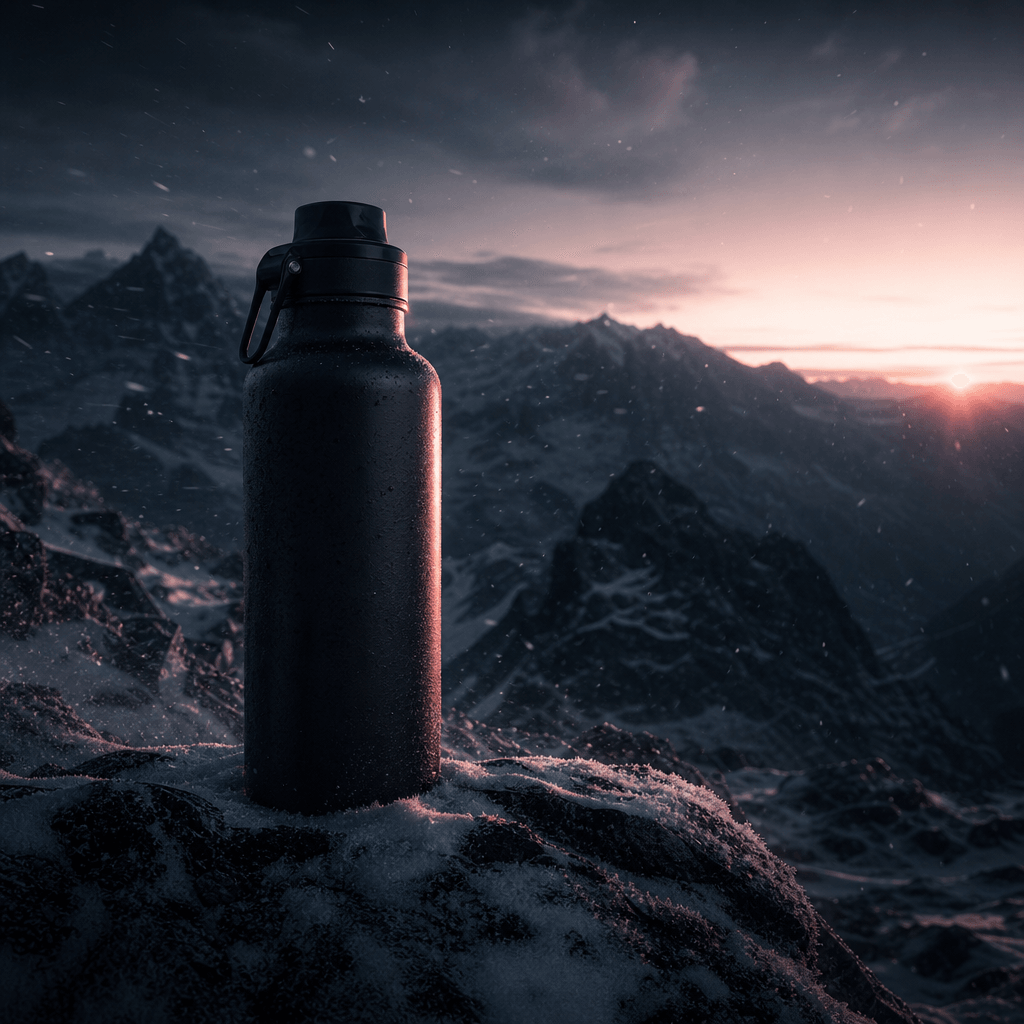 A matte black insulated sports bottle standing on a windswept alpine ridge before dawn, fine snow and ice particles movi