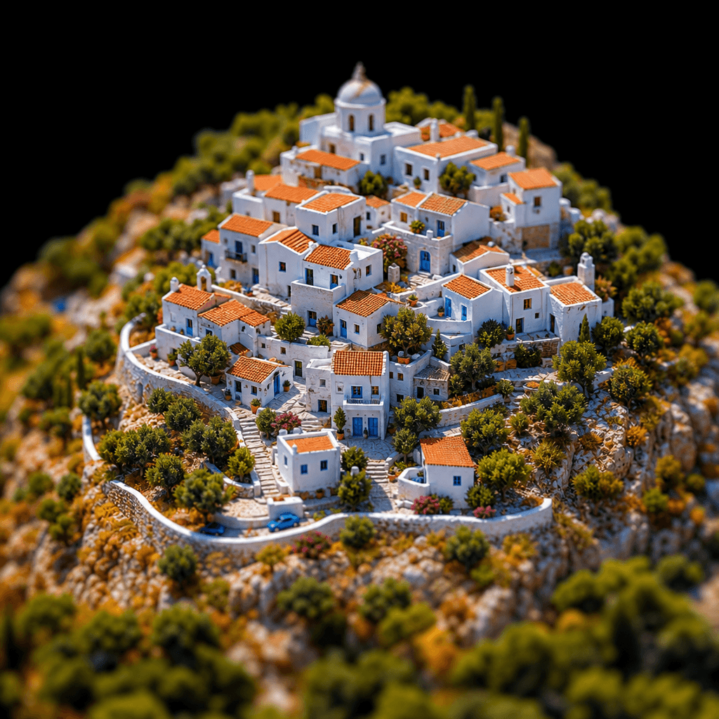 Oblique drone shot of a white Mediterranean hillside village converted into a stunning miniature diorama. Clustered cubi