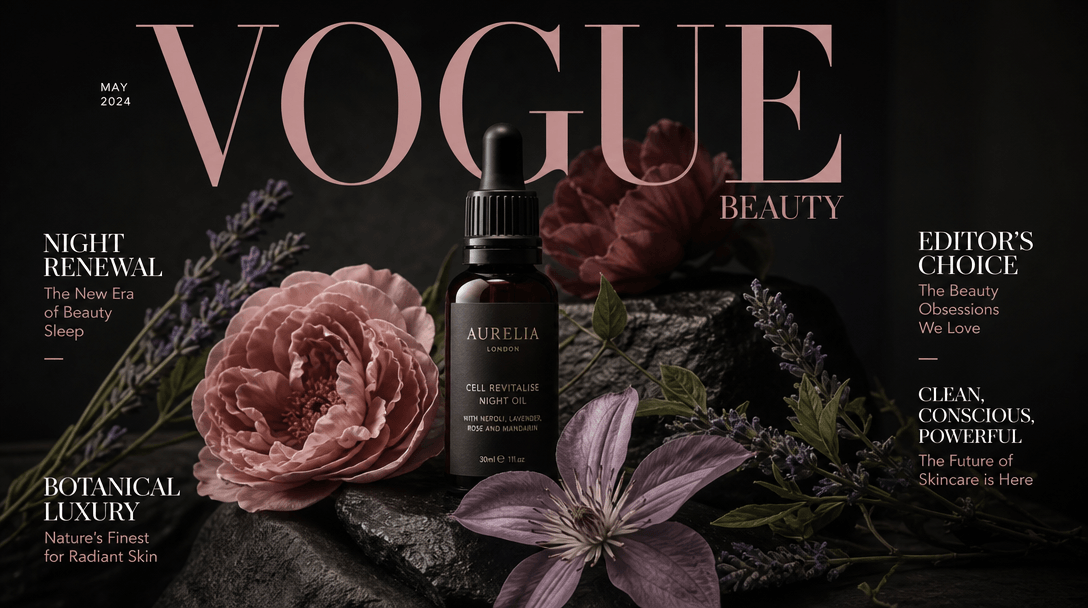 Magazine cover style product composition with floral elements, editorial lighting setup, professional magazine quality,