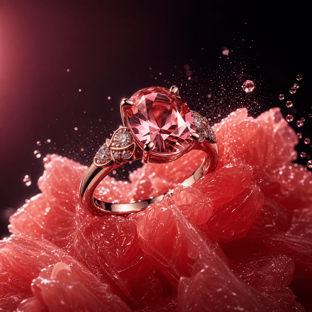 A rose gold gemstone ring balanced on crushed pink grapefruit segments, glossy pulp and fine mist surrounding the settin