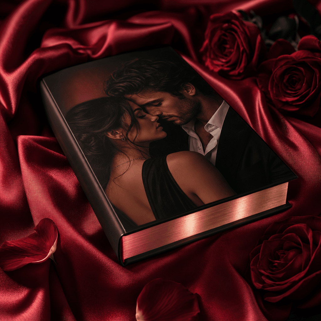A contemporary romance novel resting within softly folded scarlet satin, warm directional studio lighting, gentle rose-c