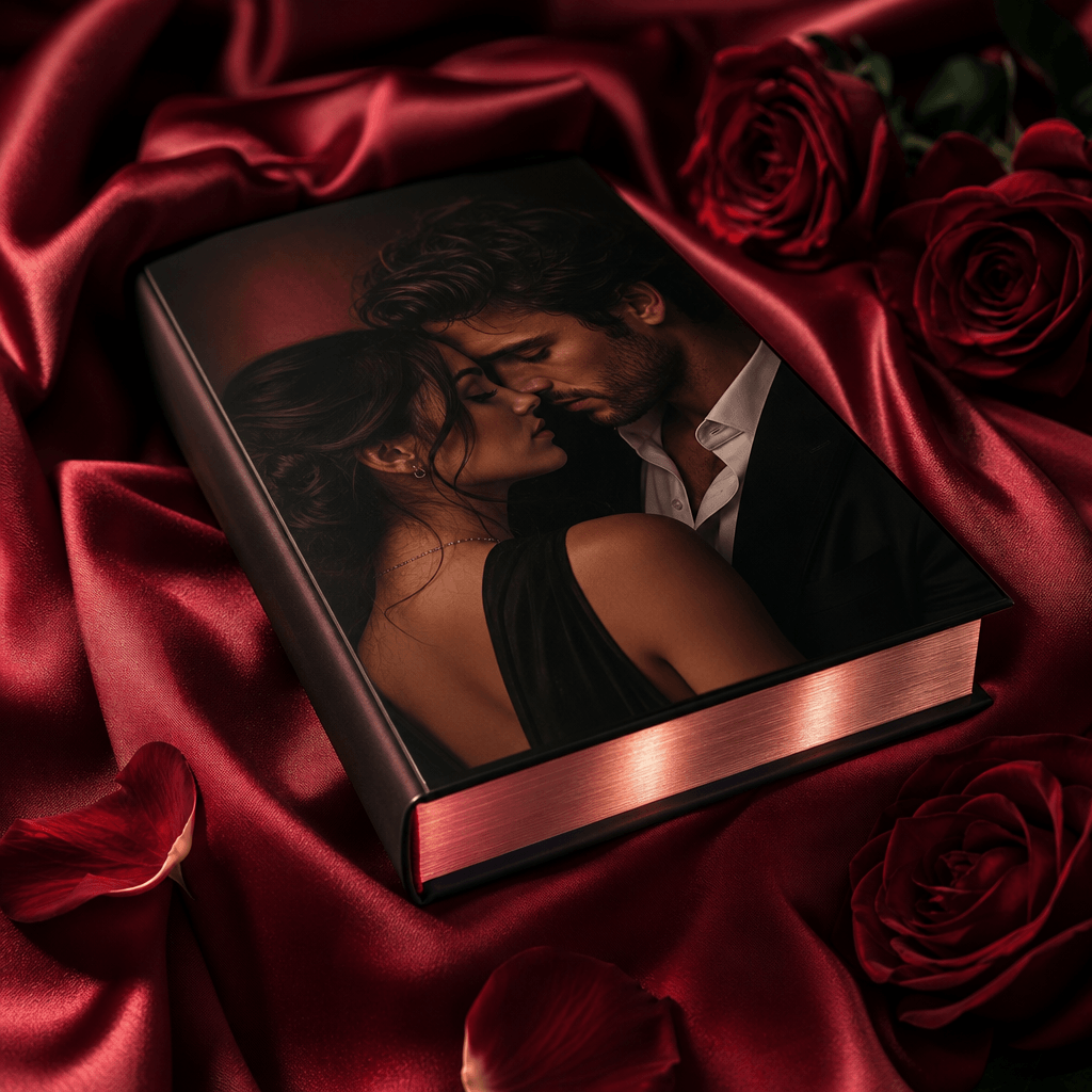A contemporary romance novel resting within softly folded scarlet satin, warm directional studio lighting, gentle rose-c