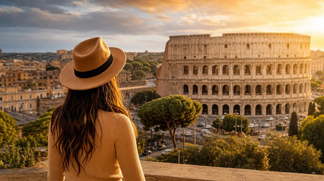 Cinematic travel photography: person in foreground with iconic destination landmark perfectly sharp in background. Golde