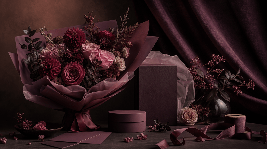 A cohesive floral campaign still life combining bouquet wrapping, petals, ribbon, product packaging, and a softly illumi