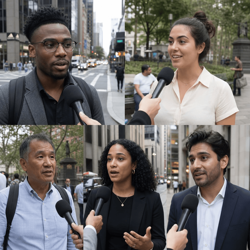 Group of different people in street interview setting, varied backgrounds and ethnicities, professional casual attire, u
