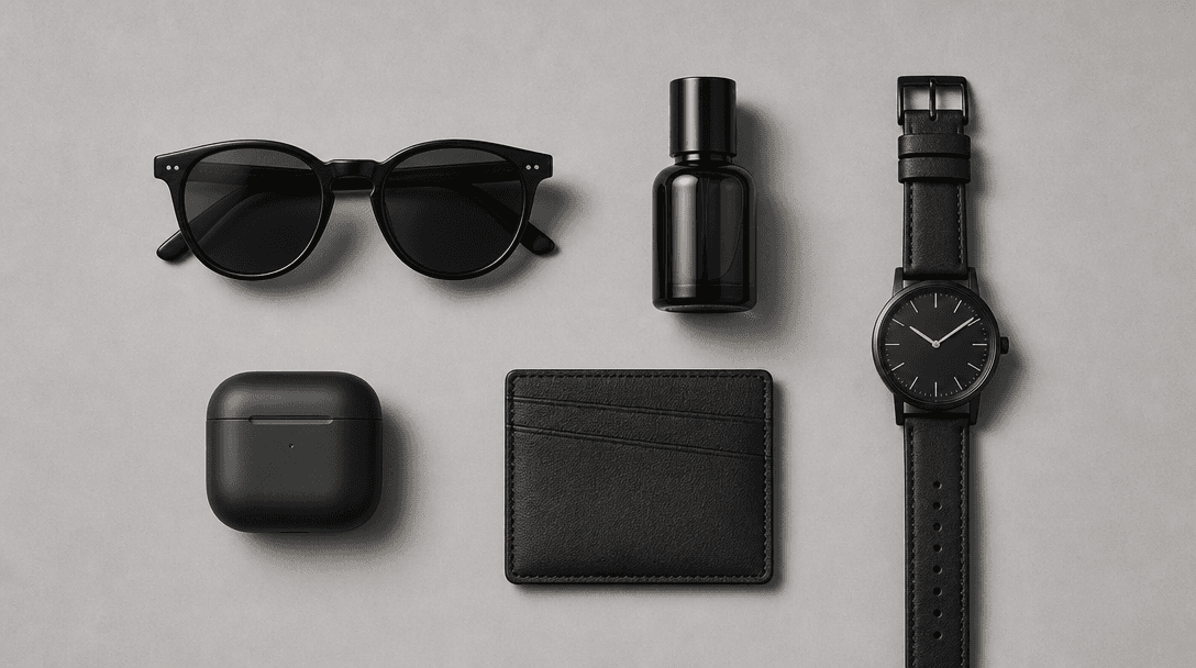 Abstract flat-lay editorial arrangement of five small accessory product silhouettes — a pair of sunglasses, a small bott
