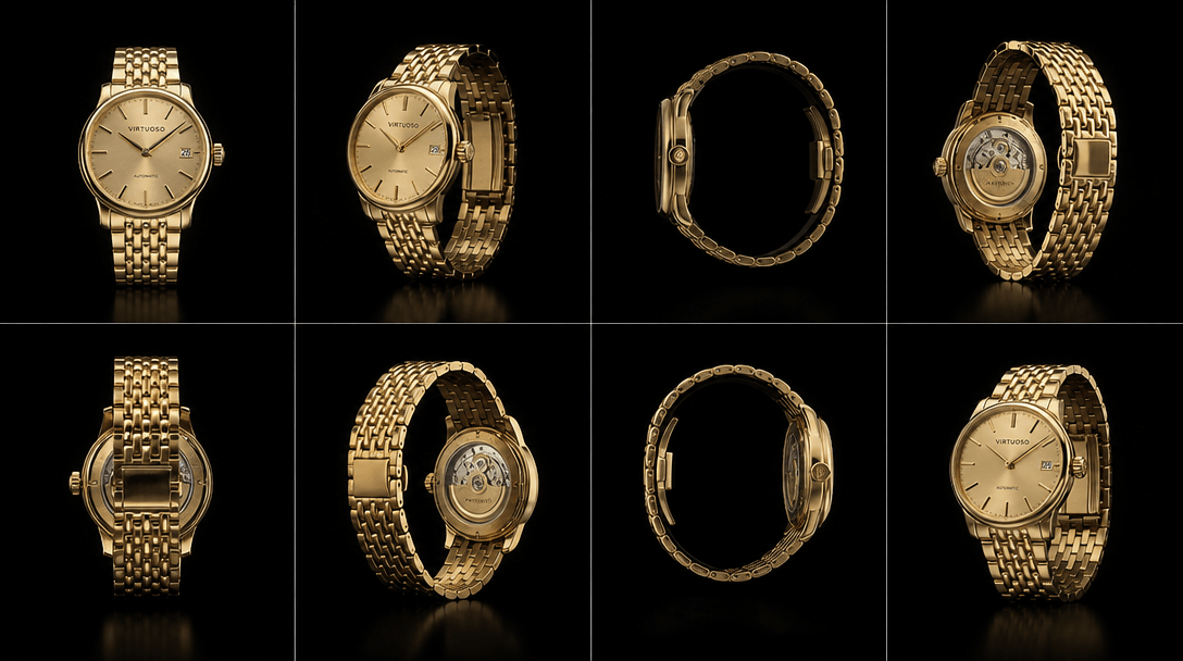 Luxury product spinning smoothly 360° on perfectly lit dark background, every angle visible, professional product photog