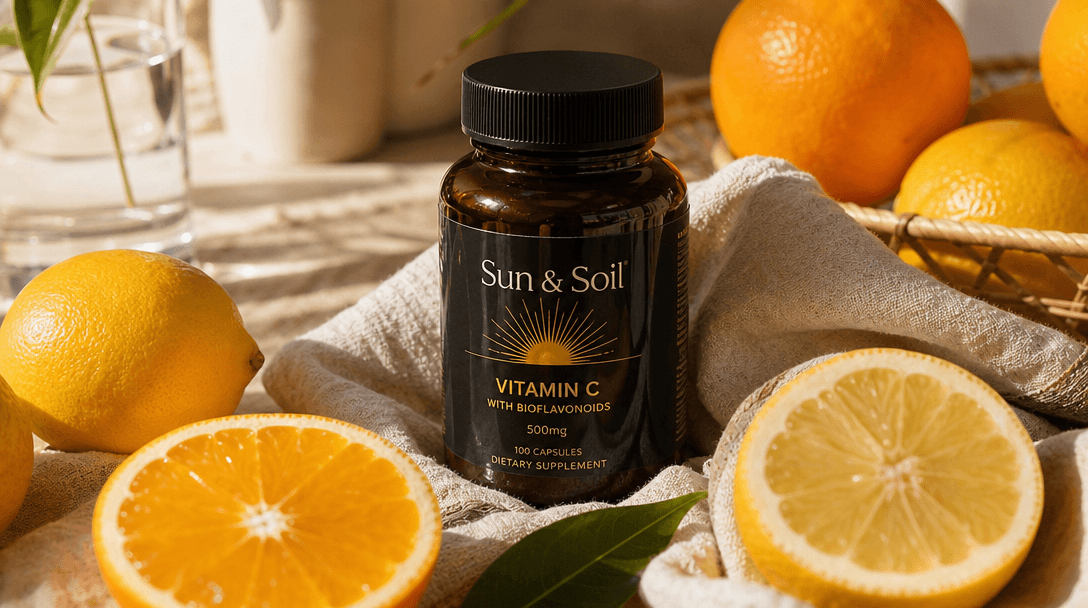 Close-up of a supplement bottle naturally placed among fresh citrus fruit on a linen kitchen counter, photorealistic sha