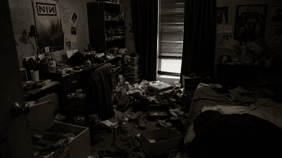 Cluttered room with visible disorganized items, scattered belongings, chaotic visual composition. Dark moody lighting em