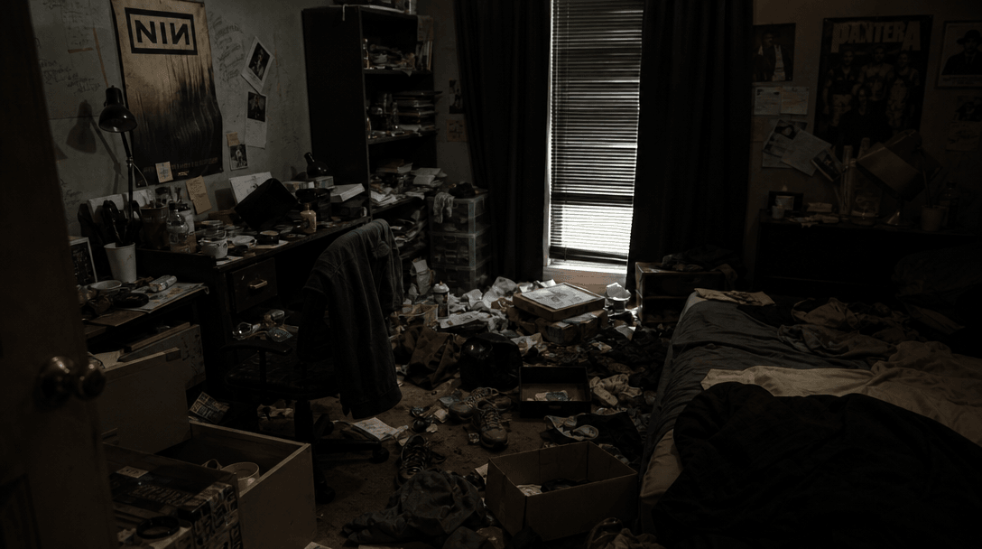 Cluttered room with visible disorganized items, scattered belongings, chaotic visual composition. Dark moody lighting em