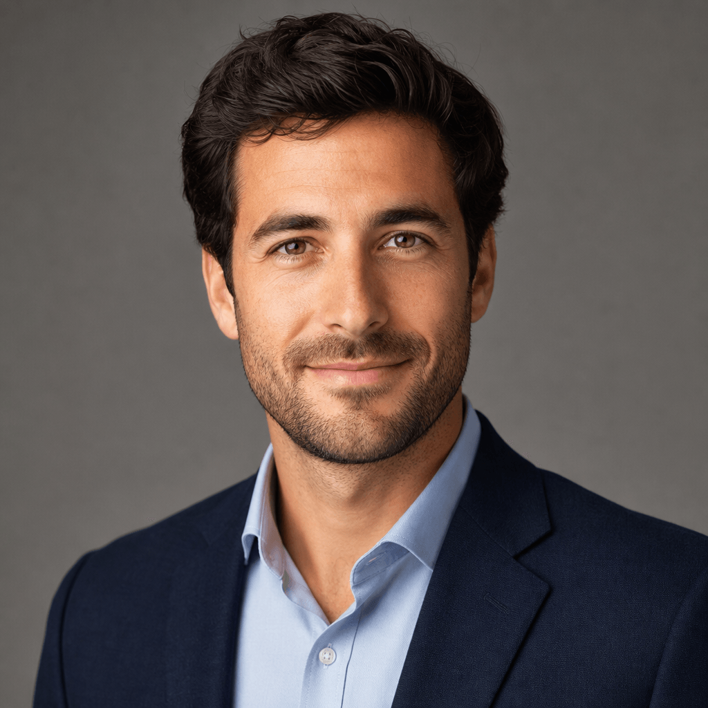 Professional male headshot in business casual blazer with soft warm studio lighting, neutral gray background, clean corp