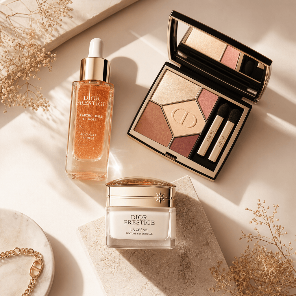 Beauty products arranged in flat lay composition: serum, cream, makeup palette arranged artistically. Minimalist styling