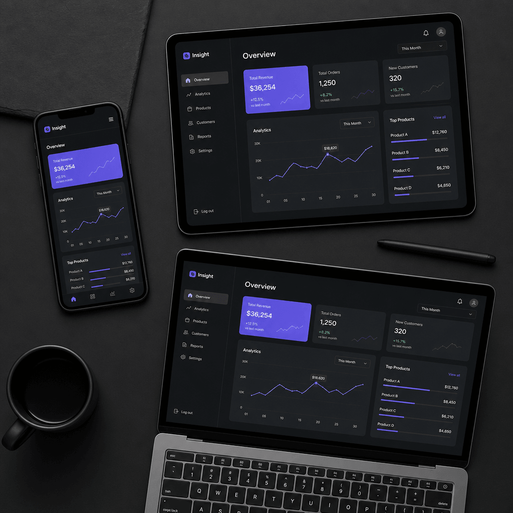 Flat-lay composition showing three digital devices at staggered angles: smartphone, tablet, and laptop, each displaying