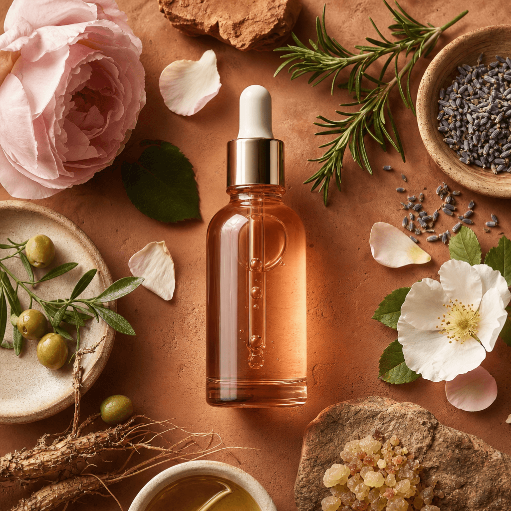 Overhead product flatlay: artisan glass serum bottle surrounded by botanical ingredients on a warm terracotta surface, n