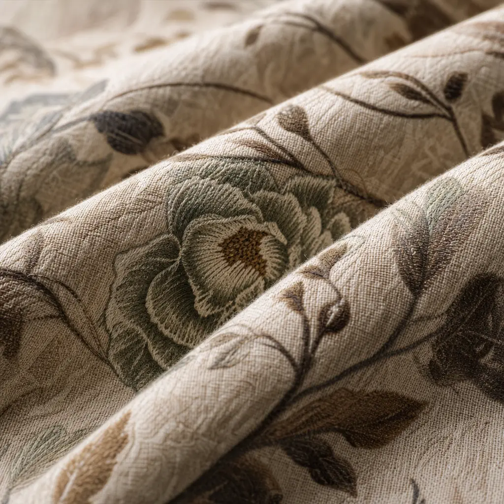 Close-up of fabric texture showing pattern detail, material quality emphasis, professional product lighting, shallow dep